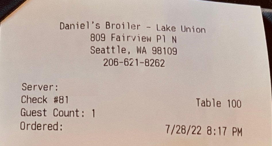 A restaurant receipt for a table for one, Seattle, July 28, 2022